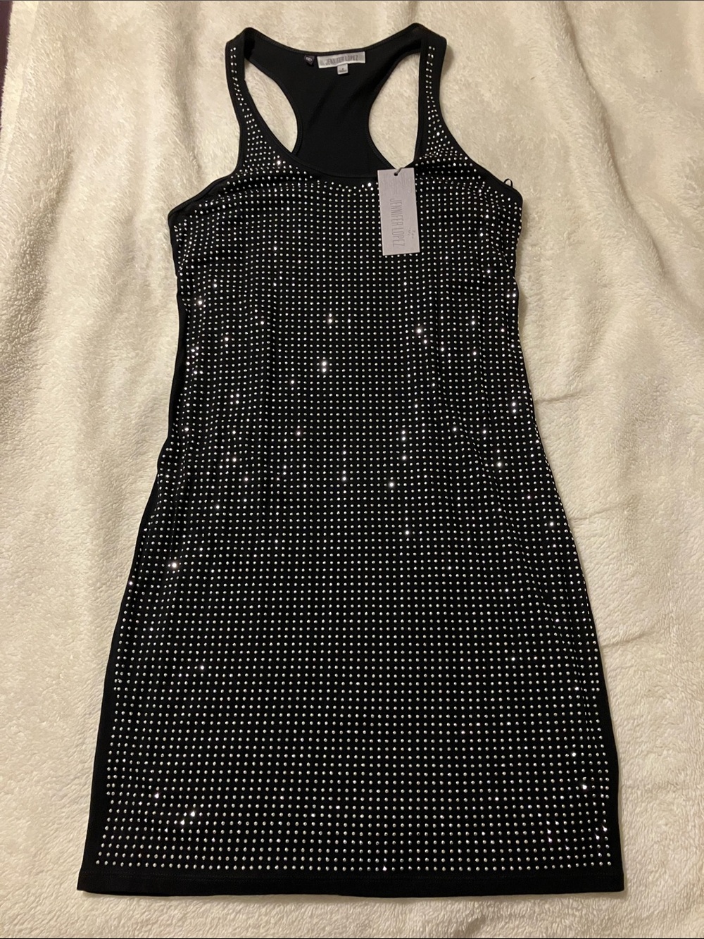 Jennifer Lopez Black Rhinestone Racerback Mini Dress